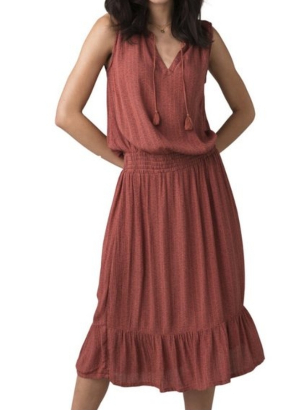 NWOT prAna Sentinel Sleeveless Dress Liqueur Tie Neck Ruffle Terracotta Modal Lg